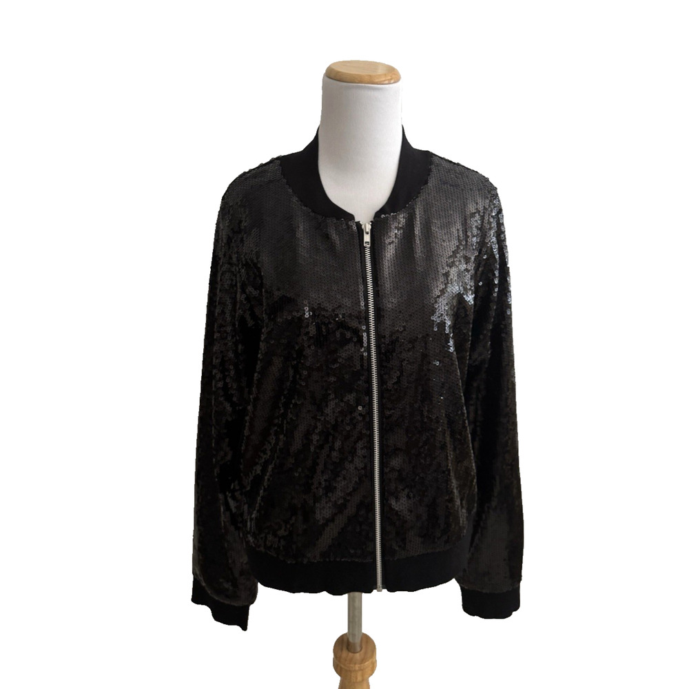 INC International Concepts Black Sequins Jacket XL Full-Zip Bomber Evening Glam